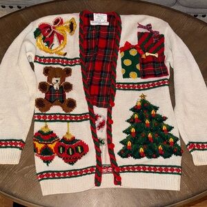 Women’s Vintage 1992 Festive Christmas Cardigan with Plaid Accents Size Small
